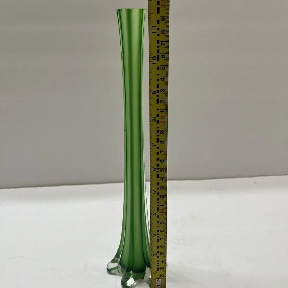Vintage Art Glass Bud Base Green Clear Accents Petal-Shaped Base 11.5